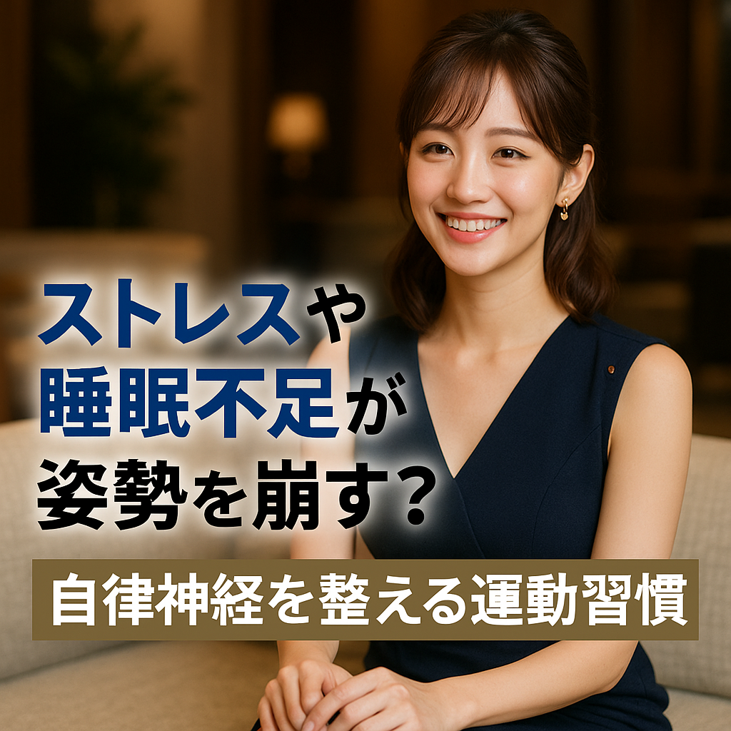 1. 姿勢と自律神経の深い関係 「最近、肩こりや腰痛がひどい」「姿勢がどんどん悪くなる気がする」──そんな悩みの背景には、ストレスや睡眠不足による自律神経の乱れが関係しているかもしれません。 自律神経は「交感神経」と「副交感神経」のバランスで成り立ちますが、仕事や人間関係のストレス、不規則な生活によって乱れると、筋肉がこわばり血流が悪化。結果として、猫背・巻き肩・反り腰などの姿勢崩れにつながります。 特に20〜30代女性は、仕事・夜職・家庭などでストレスを抱えやすく、睡眠不足とも相まって姿勢が悪化しやすい傾向にあります。 2. 自律神経の乱れが招く姿勢の崩れ 交感神経の過剰な働き → 筋肉が緊張し、肩や背中がこわばる 副交感神経の低下 → リラックスできず、体が回復しない 睡眠不足 → 成長ホルモンの分泌低下で筋肉の修復が不十分 ストレス食い → 代謝低下や体重増加につながり、さらに姿勢が悪化 つまり、自律神経の不調は「疲れが取れないだけでなく、姿勢やスタイルにも影響を与える」重大な要因なのです。 3. 自律神経を整える運動の効果 運動は自律神経を調整する効果が科学的に認められています。 有酸素運動 → 副交感神経が優位になり、リラックス効果が得られる 筋トレ → 姿勢保持筋が強化され、ストレスに強い体をつくる ストレッチ・呼吸法 → 緊張した交感神経を落ち着かせる 特に姿勢改善トレーニングは、筋肉と神経の両面から働きかけ、自律神経を整えながら美しいスタイルをつくれるのが魅力です。 4. 自宅でできる自律神経を整える運動習慣 （1）ディープブレス（深呼吸エクササイズ） 肩を落とし、腹式呼吸でゆっくり息を吐く。副交感神経を優位にしてリラックス。 👉 1日3分 （2）キャット＆カウ 四つ這いで背中を丸めたり反らしたり。背骨をしなやかに動かし、自律神経の通り道を整える。 👉 10回×2セット （3）ウォールスライド 壁に背中をつけ、腕を「W」から「Y」の形へ動かす。肩甲骨が活性化し、猫背改善とリフレッシュに。 👉 10回×2セット （4）軽い有酸素運動（ウォーキング・バイク） 心拍数を少し上げる程度でOK。副交感神経が高まり、睡眠の質も向上。 👉 20分〜30分 5. 続けることで得られるメリット 自律神経のバランスが整い、睡眠の質が向上 肩こり・腰痛が軽減し、仕事のパフォーマンスが上がる 背筋が伸びて、若々しく健康的な印象に 代謝アップで、痩せやすい体質に変わる 「姿勢が整う＝自律神経も整う」ことで、心身の不調が改善され、見た目と気分の両方がスッキリするのです。 6. パーソナルジムで行うメリット 自宅でもできる運動は多いですが、フォームが崩れると効果が半減します。 表参道の女性専用 AGLAIA personal gym では、姿勢分析とトレーニング指導を通じて、自律神経を整えるための運動習慣を提案。筋トレ・ストレッチ・呼吸法を組み合わせ、姿勢改善と痩せ体質づくりを同時に実現します。 現在、表参道本店は満枠につき新規受付を停止していますが、2025年秋には白金高輪パーソナルジムが新規オープン予定です。ストレスや睡眠不足で姿勢が崩れている女性を、優先的にご案内いたします。 まとめ ストレスや睡眠不足で姿勢が崩れるのは、自律神経の乱れが原因の一つです。 運動習慣を取り入れることで自律神経が整い、姿勢改善と同時に心身が健康に変わります。 ✔ 睡眠の質が上がり、疲れにくい体に ✔ 猫背や巻き肩が改善し、美しいスタイルへ ✔ 代謝が上がり、痩せやすい体質に ――― 表参道パーソナルジム AGLAIA、そして 白金高輪パーソナルジム（2025年秋オープン予定） で、あなたも「美姿勢×自律神経ケア」を始めてみませんか？