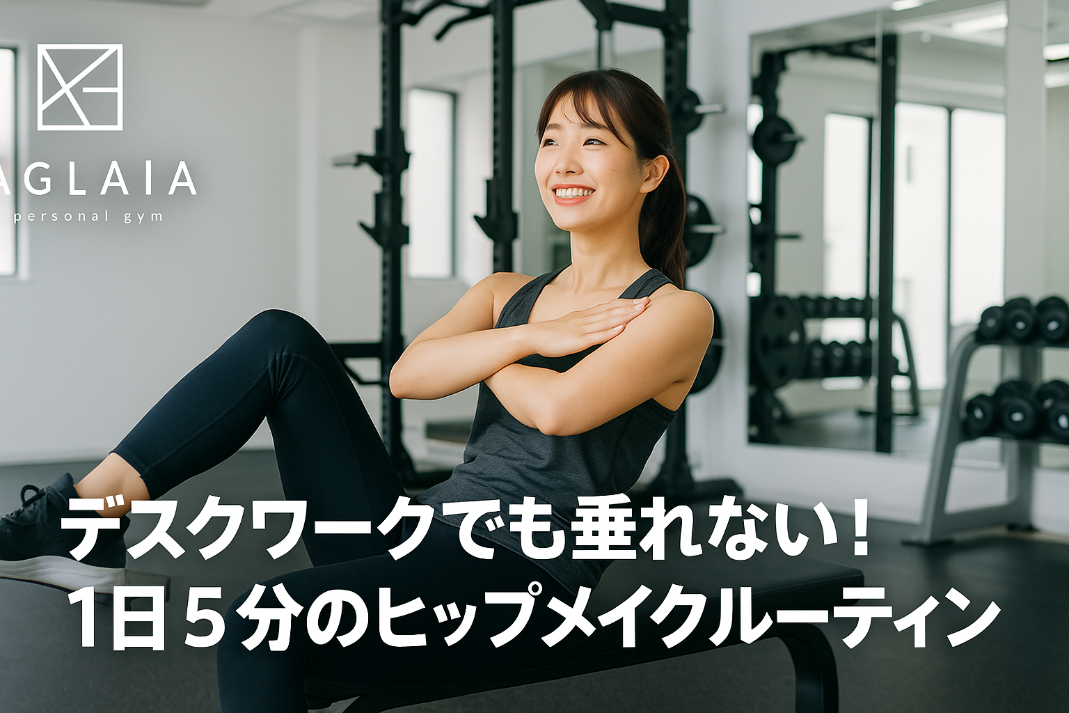 ― 忙しい20代後半女性でも続けられる美尻習慣 ― 「一日中座りっぱなしで、お尻の位置が下がってきた気がする」 「在宅勤務になってから、ヒップラインがぼやけてきた」 そんな悩みを抱えるデスクワーク女子はとても多くなっています。 しかし、ヒップが垂れてしまう原因の多くは “お尻の筋肉を使っていない時間の長さ” にあります。 裏を返せば、たとえデスクワーク中心でも、 1日5分だけお尻を目覚めさせる習慣 を入れれば、ヒップラインは十分キープ・改善が可能です。 表参道の女性専用パーソナルジム「AGLAIA personal gym」でも、 オフィスワークの多い20〜30代女性に、この“5分ヒップメイク”を自宅・職場で実践してもらい、 「お尻が垂れなくなった」「パンツのラインが変わった」と好評です。 ここでは、そのルーティンとポイントを詳しくご紹介します。 ⸻ 1. デスクワークでお尻が垂れやすくなる3つの理由 まずは、なぜ座りっぱなしだとお尻が垂れやすくなるのかを整理しておきましょう。 ① 大臀筋がほぼ“オフ”の状態になる 椅子に座っている間、お尻を支える大臀筋はほとんど働いていません。 長時間この状態が続くと、筋肉の張りが失われ、ヒップの位置が下がっていきます。 ② 骨盤が後傾して背中が丸くなる PC作業やスマホ操作で背中が丸まり、骨盤が後ろに倒れた姿勢になりやすいのも問題です。 骨盤が後傾すると、お尻は横に広がり、ヒップの重心が下へ移動してしまいます。 ③ 血流が悪くなり、むくみや冷えが定着する 座りっぱなしは、お尻〜太もも裏の血流も悪くします。 むくみや冷えは脂肪を溜め込みやすく、ヒップラインをぼやっとした印象にしてしまいます。 つまり、デスクワークで垂れ尻を防ぐには 「お尻の筋肉をこまめに使う」「骨盤の位置をリセットする」 この2つがカギになります。 ⸻ 2. 1日5分でOK！ヒップメイクルーティンの全体像 AGLAIAが提案する“デスクワーク女子のための5分ルーティン”は、次の3ステップです。 1. お尻を目覚めさせる「アクティベーション」 2. 垂れを防ぐ「ヒップリフト」 3. 形を整える「スタンディングヒップエクステンション」 時間にすると、各種目1分〜1分半。 トータル5分を目安に行えば十分効果が期待できます。 ⸻ 3. ステップ1：お尻を目覚めさせる“アクティベーション” 【種目】グルートスクイーズ（椅子でもOK） やり方 1. 背筋を伸ばして座る、もしくは立った状態でまっすぐ姿勢を整える 2. 息を吐きながら、お尻の左右の筋肉をギュッと締める 3. 5秒キープして、力を抜く 4. これを10〜15回繰り返す ポイント ・骨盤を前後に揺らさず、お尻だけを締める意識 ・前ももやお腹ではなく、「お尻が固くなっているか」を手で触って確認 このアクティベーションを行うことで、 この後のトレーニングで 大臀筋に刺激が入りやすい状態 を作ります。 ⸻ 4. ステップ2：垂れ尻を防ぐ“ヒップリフト” 【種目】ヒップリフト（お尻の下部〜全体） やり方 1. 仰向けに寝て、膝を90度に曲げ、足は肩幅に開く 2. かかとで床を押しながら、お尻を持ち上げる 3. 肩〜膝が一直線になる高さまで上げ、お尻を締めて3秒キープ 4. ゆっくり下ろして、床ギリギリで止める 5. 15〜20回を目安に行う ポイント ・腰を反らせず、みぞおち〜おへそ周りを軽く締めておく ・上げるときは「お腹」ではなく「お尻を天井方向に押し出す」イメージ ・かかと重心を意識すると、前ももに逃げにくくなります ヒップリフトは、お尻全体のボリュームと下部の支えを強化できる、垂れ尻予防の基本種目です。 ⸻ 5. ステップ3：形を整える“スタンディングヒップエクステンション” 【種目】スタンディングヒップエクステンション（立ちお尻キック） やり方 1. 壁や椅子に手を添えて立ち、片脚に体重を乗せる 2. 反対側の脚を、膝を伸ばしたまま後ろへゆっくり引く 3. お尻に力が入るところで1〜2秒キープし、戻す 4. 片脚15回ずつ行う ポイント ・腰を反らさず、おへそを軽く引き込む ・脚を高く上げることよりも「お尻が固くなる角度」を探す ・つま先は正面〜やや内向きにすると、大臀筋に効きやすい 立ったまま行えるので、 「在宅勤務の合間」や「キッチンでお湯を沸かしている間」など、 スキマ時間に取り入れやすいメニューです。 ⸻ 6. ルーティンの効果を高める“デスク時間のひと工夫” 1日5分のヒップメイクに加えて、 デスクワーク中に以下を意識すると、さらに効果が高まります。 ● 1時間に1回は立ち上がる 立ち上がって背伸びをするだけでも、お尻〜脚の血流が改善します。 ● 座る時は「骨盤を立てる」意識を 背もたれにダラっともたれかかるのではなく、 座骨で座るイメージで腰を立てることで、骨盤後傾を防ぎます。 ● 片脚重心で立ち続けない コピー機の前や電車待ちなどで、片脚に体重を乗せ続ける癖は 骨盤の左右差を作り、ヒップラインの左右差にもつながります。 ⸻ 7. 表参道・白金高輪エリアで「デスクワーク美尻」を叶えるなら AGLAIA personal gym（表参道）は、 デスクワークでお尻が垂れやすい20代後半〜30代女性を中心に、 • 美尻・ヒップアップ専門のトレーニング • 姿勢・骨盤の歪みチェック（AI姿勢分析） • 自宅やオフィスでできる簡単ルーティンの指導 を行っている 女性専用・完全個室のパーソナルジム です。 今後は白金高輪エリアにも出店予定で、 「表参道 パーソナルジム」「白金高輪 パーソナルジム 美尻」を探している方からのご相談も増えています。 ⸻ 8. まとめ：1日5分の積み重ねが、未来の後ろ姿を守る デスクワーク中心のライフスタイルでも、 お尻の筋肉をこまめに使う習慣をつくれば、ヒップラインは必ず変えられます。 • 垂れにくい上向きヒップ • 横から見て立体感のあるライン • パンツやタイトスカートが似合う後ろ姿 これらは、1日たった5分の積み重ね から作られます。 「本格的にヒップメイクを始めたい」 「自分に合ったメニューを組んでほしい」 そんな方は、表参道の女性専用パーソナルジム AGLAIA personal gym にぜひご相談ください。 あなたのライフスタイルに合わせた“垂れないヒップメイク習慣”を一緒に作っていきましょう。