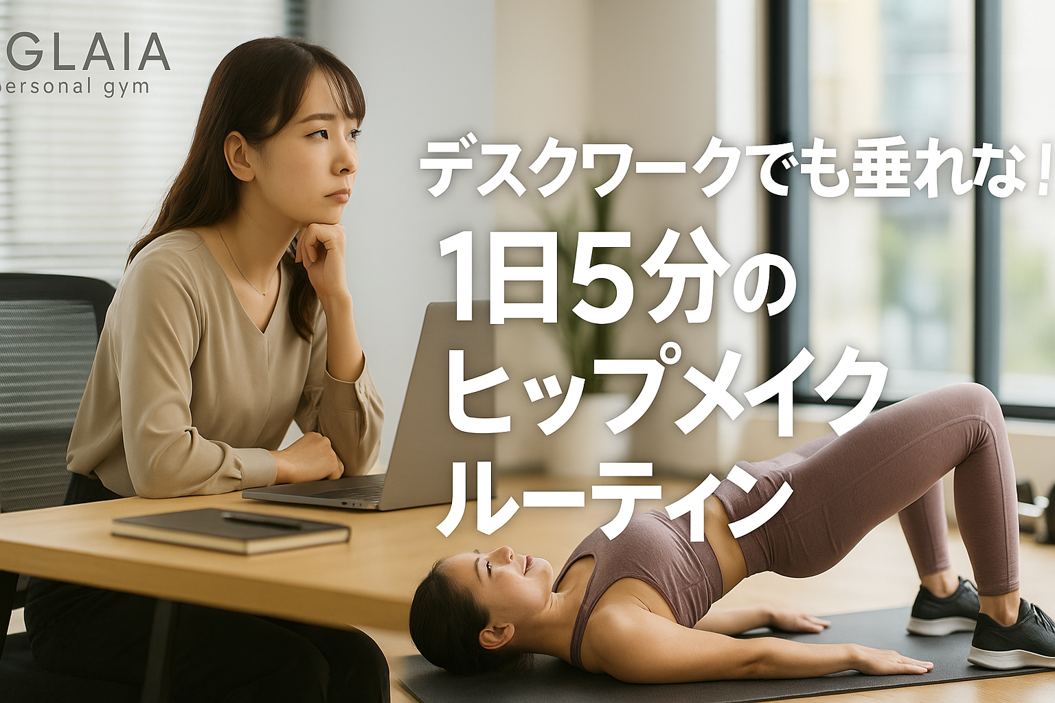 垂れ尻 改善 のポイントは、「長時間座っていること」そのものではなく、 座っていない時間にどれだけお尻を目覚めさせてあげられるか です。 忙しい女性ほど大切なのは、 • 無理な長時間トレーニングではなく • 続けやすい短時間メニューで • お尻に“ちゃんと効くフォーム”を身につけること そこでAGLAIAでは、 1日たった5分でできるヒップアップ トレーニング（1日5分 お尻トレーニング） を お客様のライフスタイルに合わせて提案しています。 ここからは、自宅やオフィスで真似しやすい形にアレンジしてご紹介します。 ⸻ 1日5分でOK！ヒップメイクルーティン3ステップ STEP1：椅子の上でできる「グルートスクイーズ」【1分】 まずは、お尻の筋肉を“目覚めさせる”ウォーミングアップから。 やり方 1. 椅子に浅めに座り、背筋をスッと伸ばす 2. かかとを床につけたまま、左右のお尻をギュッと締める 3. そのまま5秒キープし、ゆっくり力を抜く 4. これを10〜15回繰り返す ポイント • お腹や太ももではなく、「お尻だけ」固くなる感覚を意識 • 息を止めずに、吐きながら締めて、吸いながら力を抜く → デスクワーク中でもこっそりできる、 最も手軽な 垂れ尻 改善の第一歩 です。 ⸻ STEP2：ヒップリフトで下半身をまとめて引き締め【2分】 ヒップリフトは、自宅でできる王道ヒップアップ トレーニング。 やり方 1. 仰向けに寝て、膝を90度に曲げ、足を腰幅に開く 2. かかとで床を押しながら、お尻をゆっくり持ち上げる 3. 肩〜膝が一直線になる位置で、お尻をギュッと締めて3秒キープ 4. 床ギリギリまでゆっくり下ろし、また持ち上げる 5. これを10〜15回 ポイント • 腰を反らせず、おへそを軽く背中側に引き込む意識 • 上げるのではなく「お尻で床を押す」イメージで → ヒップ全体のボリュームアップと、 お尻の下側のもたつきを同時にケアできる種目です。 ⸻ STEP3：立ったままできる「スタンディングヒップエクステンション」【2分】 最後は、立った姿勢でヒップの上部をキュッと引き上げる種目。 やり方 1. 壁や机に片手を添えて立ち、片脚に体重を乗せる 2. 反対の脚を膝を伸ばしたまま、ゆっくり後ろへ引く 3. お尻に力が入るところで1〜2秒キープして戻す 4. 片脚10〜15回ずつ ポイント • 腰から反らせず、「脚ではなくお尻で引く」意識 • つま先は正面〜やや内向きにすると、お尻に効きやすい → キッチンでお湯を沸かしている間や、 お風呂を待っている時間にも取り入れやすいメニューです。 ⸻ 続けやすくするための工夫 「よし、今日から毎日！」と決めても、 完璧を目指すほど続かないのが人間らしさ。 デスクワーク お尻ケアを習慣化するには、 次のような工夫がおすすめです。 • カレンダーやスマホに「お尻5分」と予定を書き込む • 在宅ワークの昼休み前後に必ず行うと決める • 週3回できたら自分にご褒美を用意しておく 1日サボっても大丈夫。 また次の日から再開すれば、それで十分です。 ⸻ 「表参道 パーソナルジム」でプロに見てもらうメリット ここまでお伝えしたルーティンだけでも、 続ければ確実にヒップまわりへの意識は変わります。 ただ、実際にAGLAIA personal gymに来られるお客様の多くは、 • 自己流でやっていたら前ももばかり張ってしまった • ヒップアップ トレーニングをしているのに、お尻に効いている感じがない • 腰が痛くなってしまい、やり方が合っているか不安 というお悩みを抱えています。 表参道の女性専用パーソナルジム であるAGLAIAでは、 • 姿勢・骨盤の位置・立ち方のクセをAI姿勢分析でチェック • どこに力が逃げているかを確認しながらフォームを修正 • ライフスタイルに合わせた「1日5分 お尻トレーニング」の宿題を提案 といった形で、 ただの筋トレではなく “あなた専用”の垂れ尻 改善プラン を一緒に作っていきます。 ⸻ まとめ：小さな5分が、未来のヒップラインを守る デスクワークでも垂れないお尻をつくるカギは、 特別なことではなく 「毎日の小さな5分」 です。 • お尻を目覚めさせるグルートスクイーズ • 垂れ尻を持ち上げるヒップリフト • 立ち姿も整えるスタンディングヒップエクステンション この3つをベースに、無理なく続けていきましょう。 「自分に合ったフォームを見てほしい」 「本気で垂れ尻 改善に取り組みたい」 そんな方は、表参道駅近くの女性専用パーソナルジム AGLAIA personal gym に一度ご相談ください。 デスクワーク中心のライフスタイルでも、 重力に負けないヒップラインは必ず手に入ります。