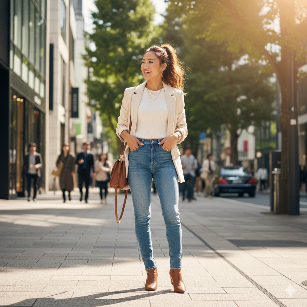 表参道の街並みをモデル風の女性がジーンズを履いて笑顔で佇んでいる様子