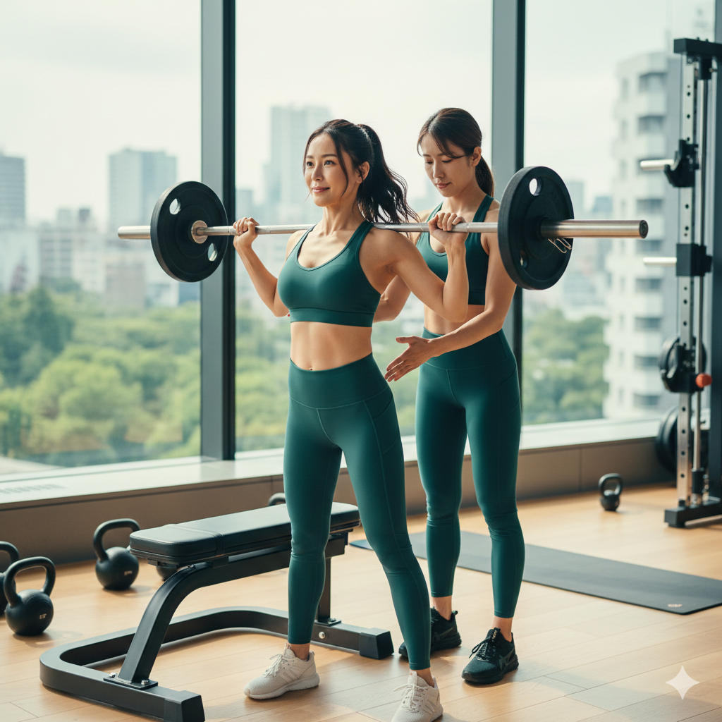 女性パーソナルトレーナーと表参道らしく洗練されたスタイルの女性がトレーニングをしている画像