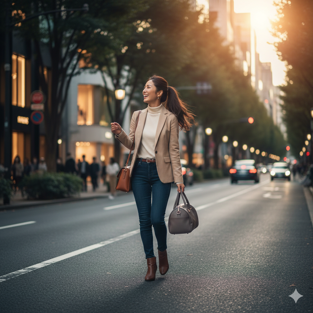 仕事帰りのOLが楽しそうにパーソナルジムに向かって歩いている画像