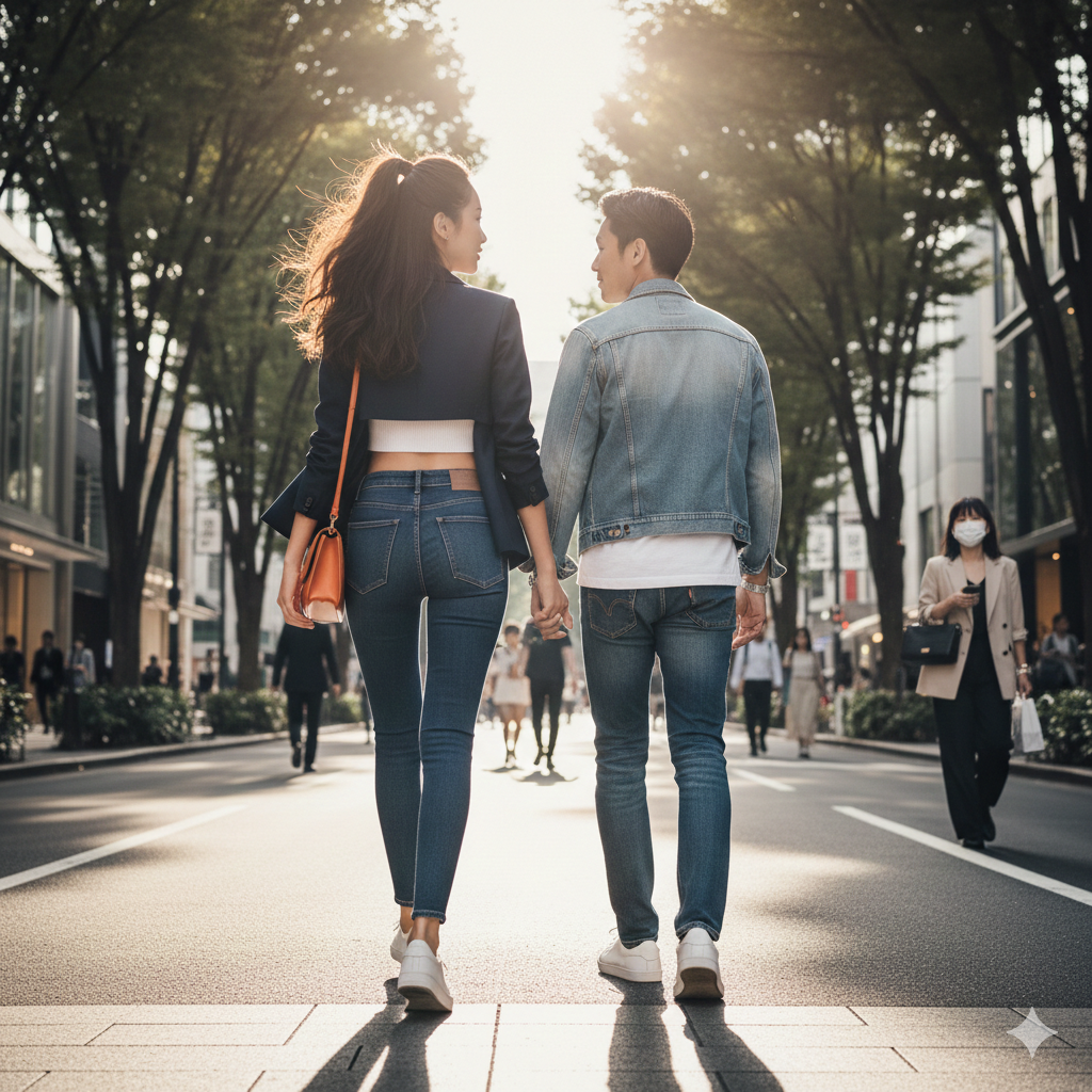 都会で歩くスタイルがいい女性とイケメン男性の後ろ姿